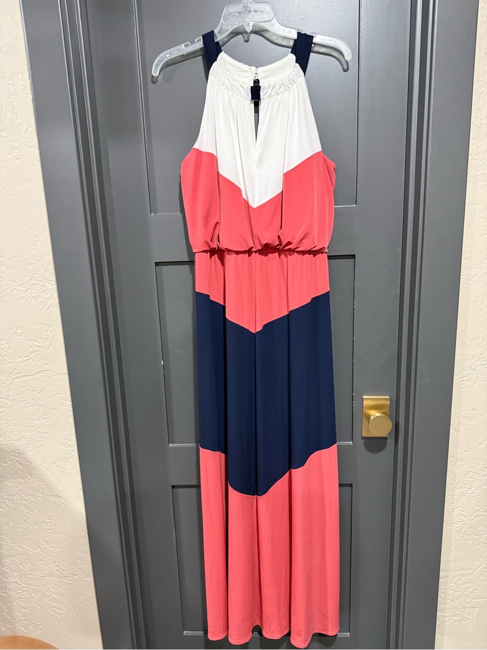 London Times Navy, Coral and White Colorblock Maxi Dress